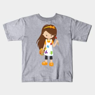 Painter, Paint Artist, Cute Girl, Brown Hair Kids T-Shirt